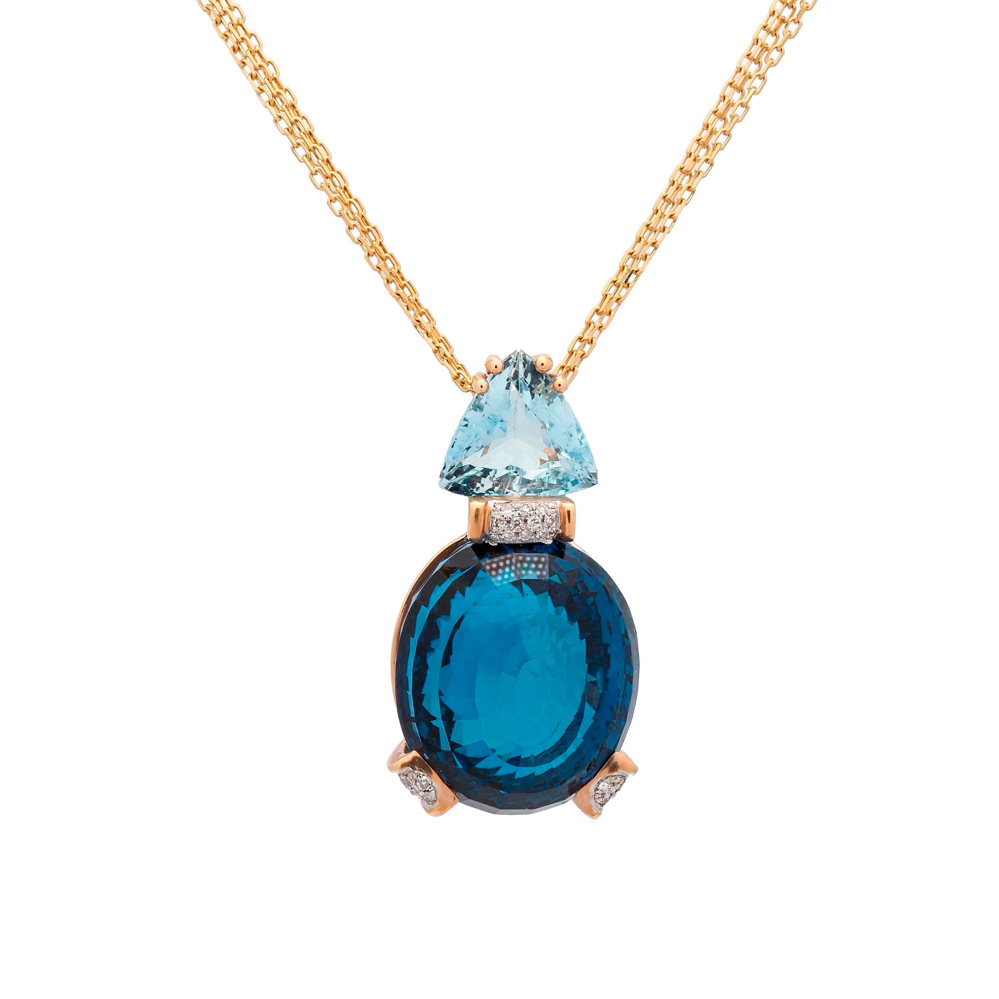Colgante de oro rosa con topacio, aguamarina y diamantes