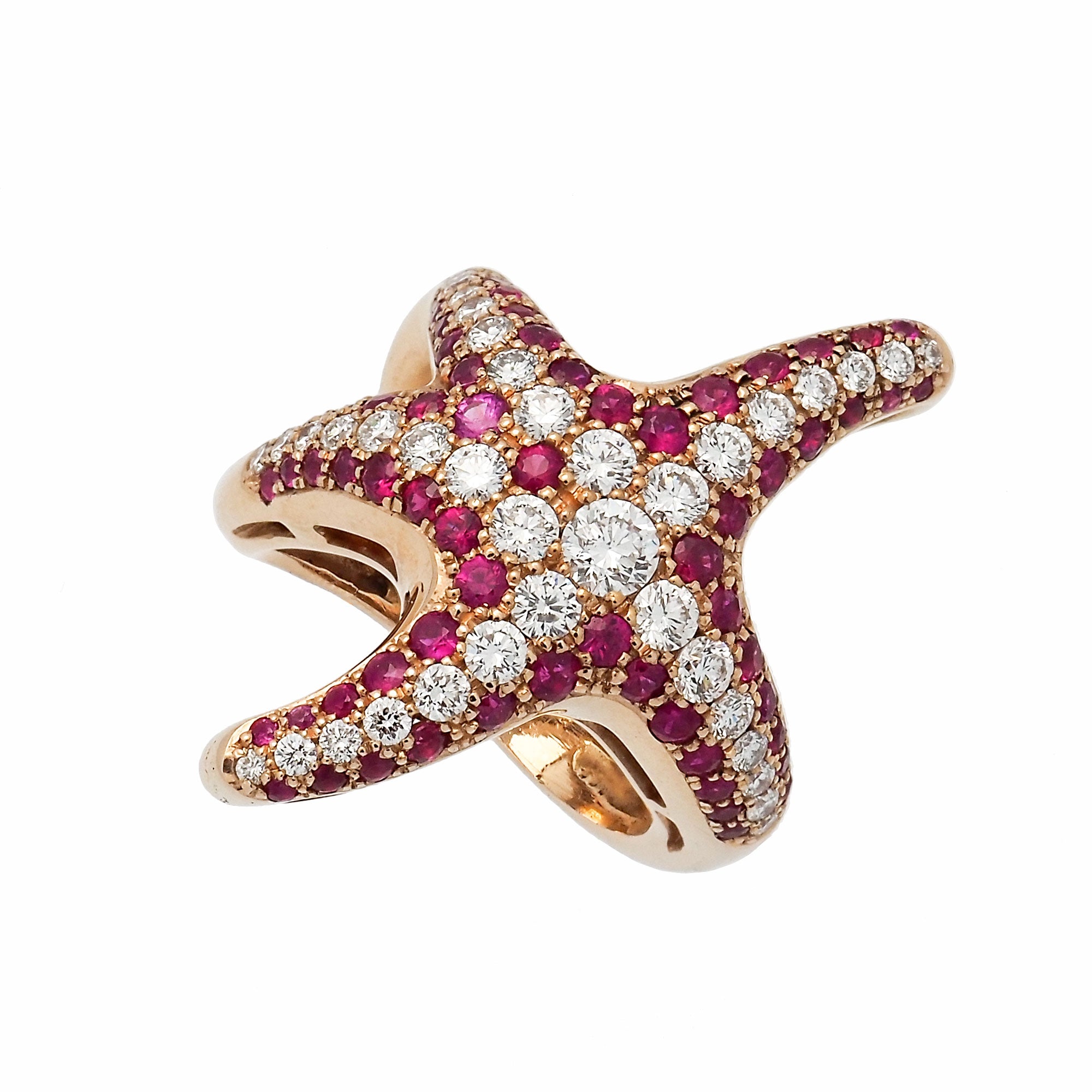 Sortija estrella de mar con rubíes y diamantes