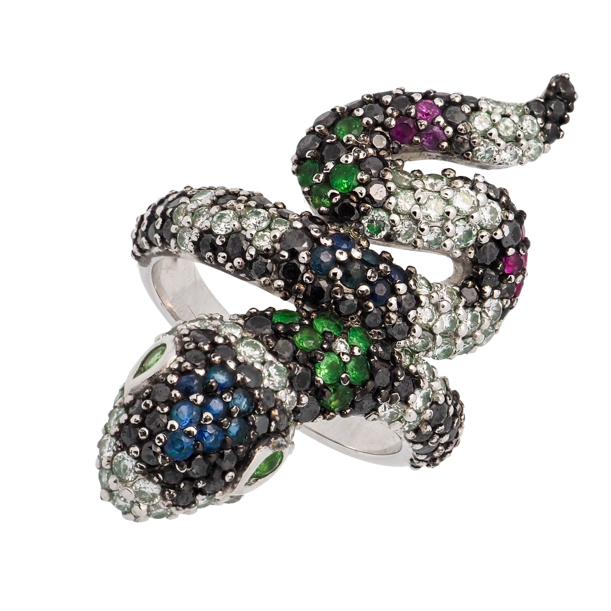 Sortija serpiente brillantes, diamante negro, tsavorita y rubi