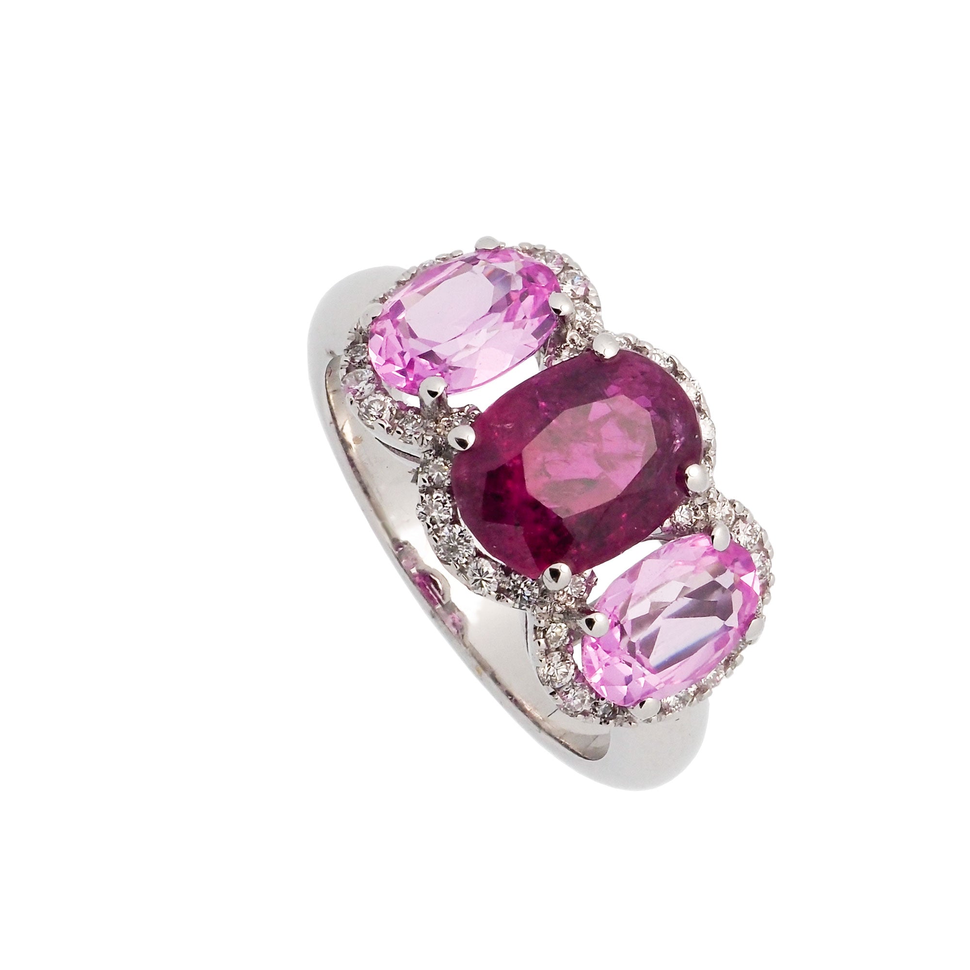 Sortija de brillantes, rubi y zafiros rosa