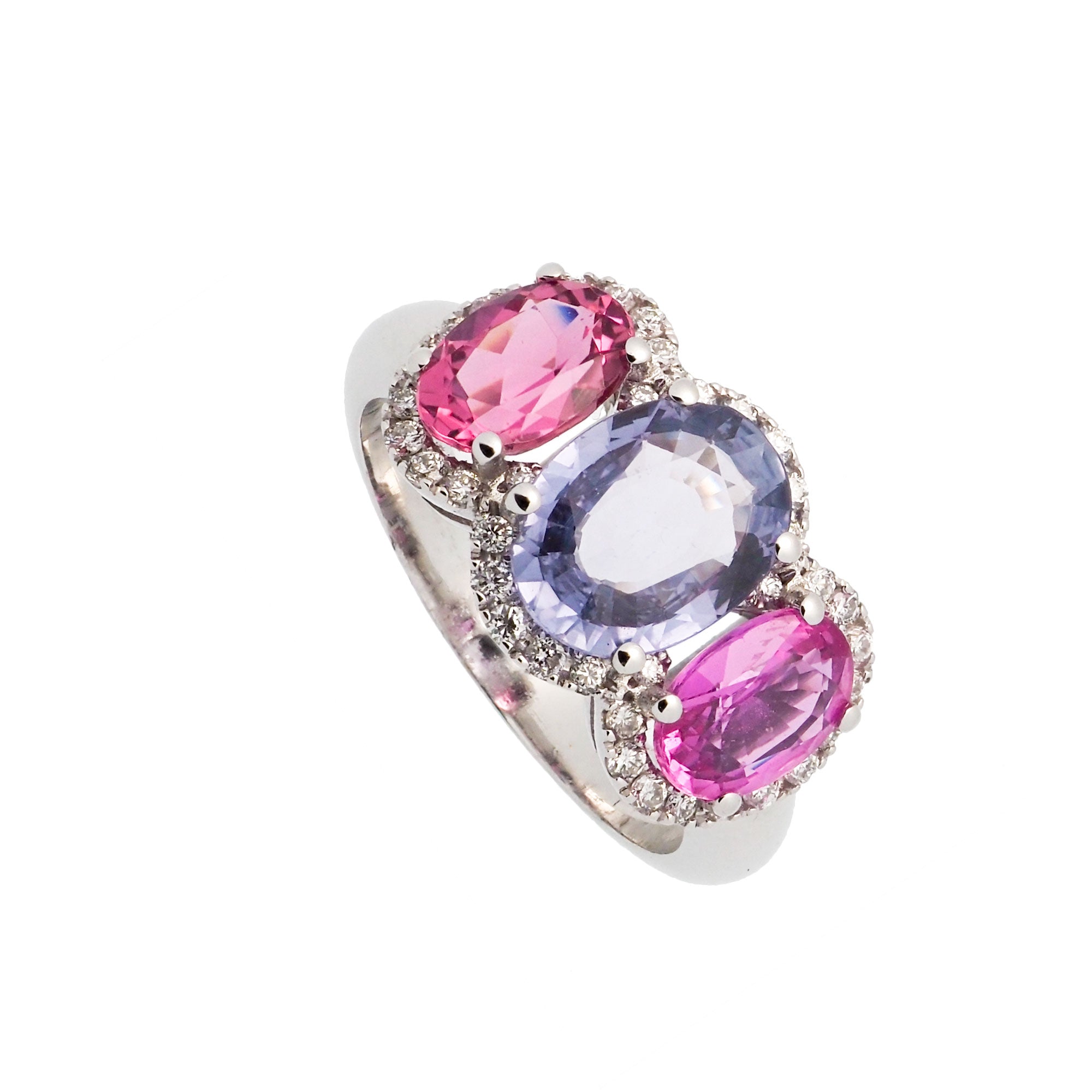 Sortija de brillantes y zafiros azul y rosa
